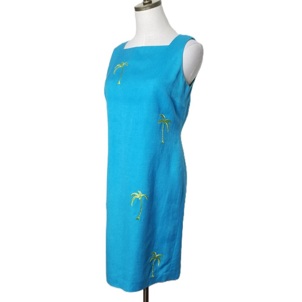 Talbots Linen Blend Sleeveless Dress Size P4 Blue Embroidered Palm Trees Beachy - Picture 3 of 6